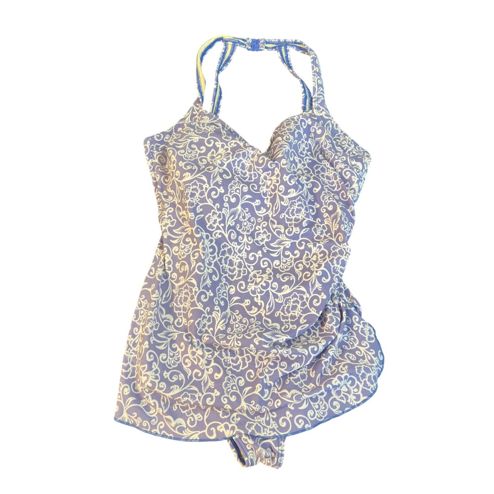 It Figures! Swimdress One Piece Vintage Purple White Floral Damask Halter 18W